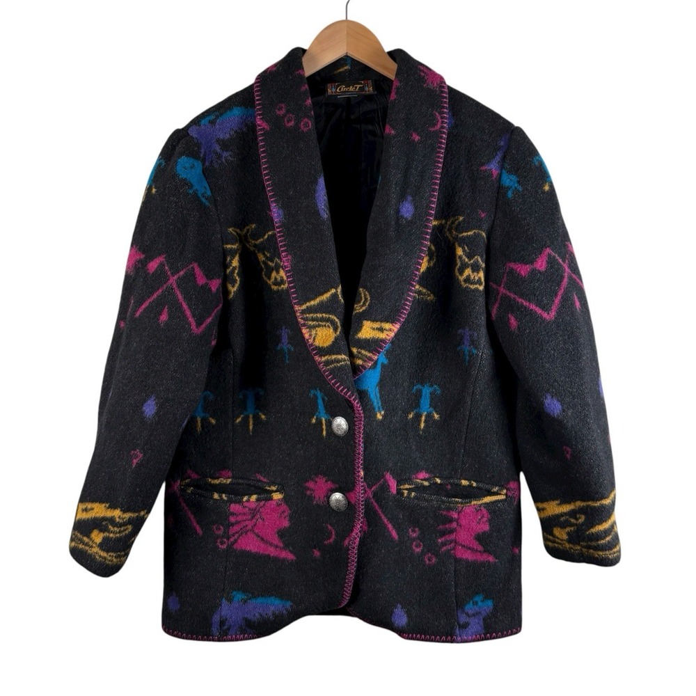 VTG‎ CIRCLE T Western Blanket Blazer Jacker Women's Size S Charcoal Gray Lined